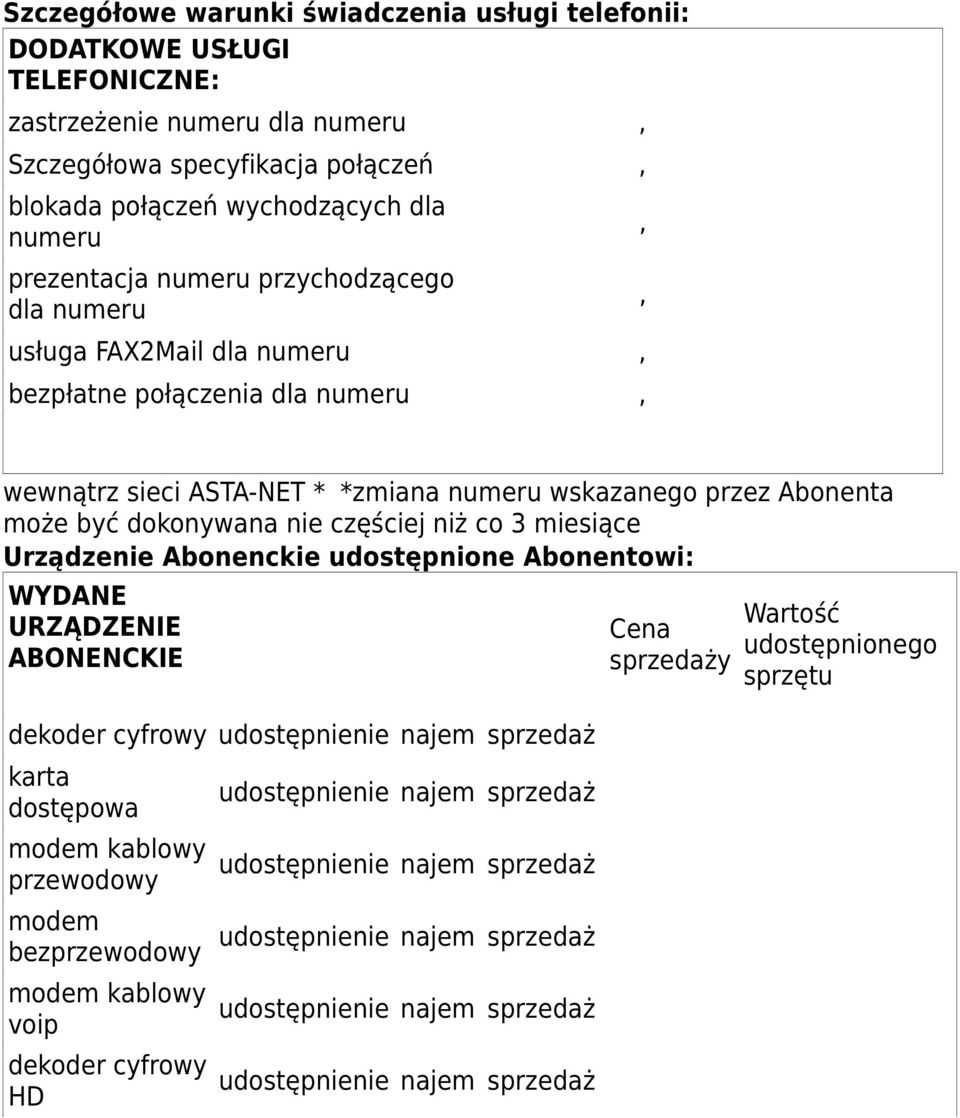 częściej niż co 3 miesiące Urządzenie Abonenckie udostępnione Abonentowi: WYDANE URZĄDZENIE ABONENCKIE dekoder cyfrowy udostępnienie najem sprzedaż karta dostępowa modem kablowy przewodowy modem