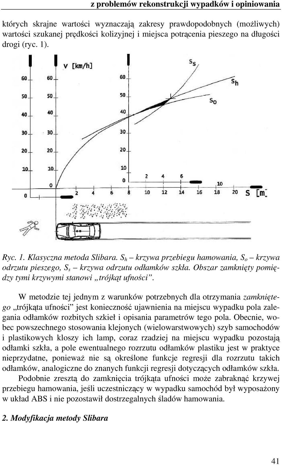 W metodzie tej jednym z warunków potrzebnych dla otrzymania zamkniętego trójkąta ufności jest konieczność ujawnienia na miejscu wypadku pola zalegania odłamków rozbitych szkieł i opisania parametrów