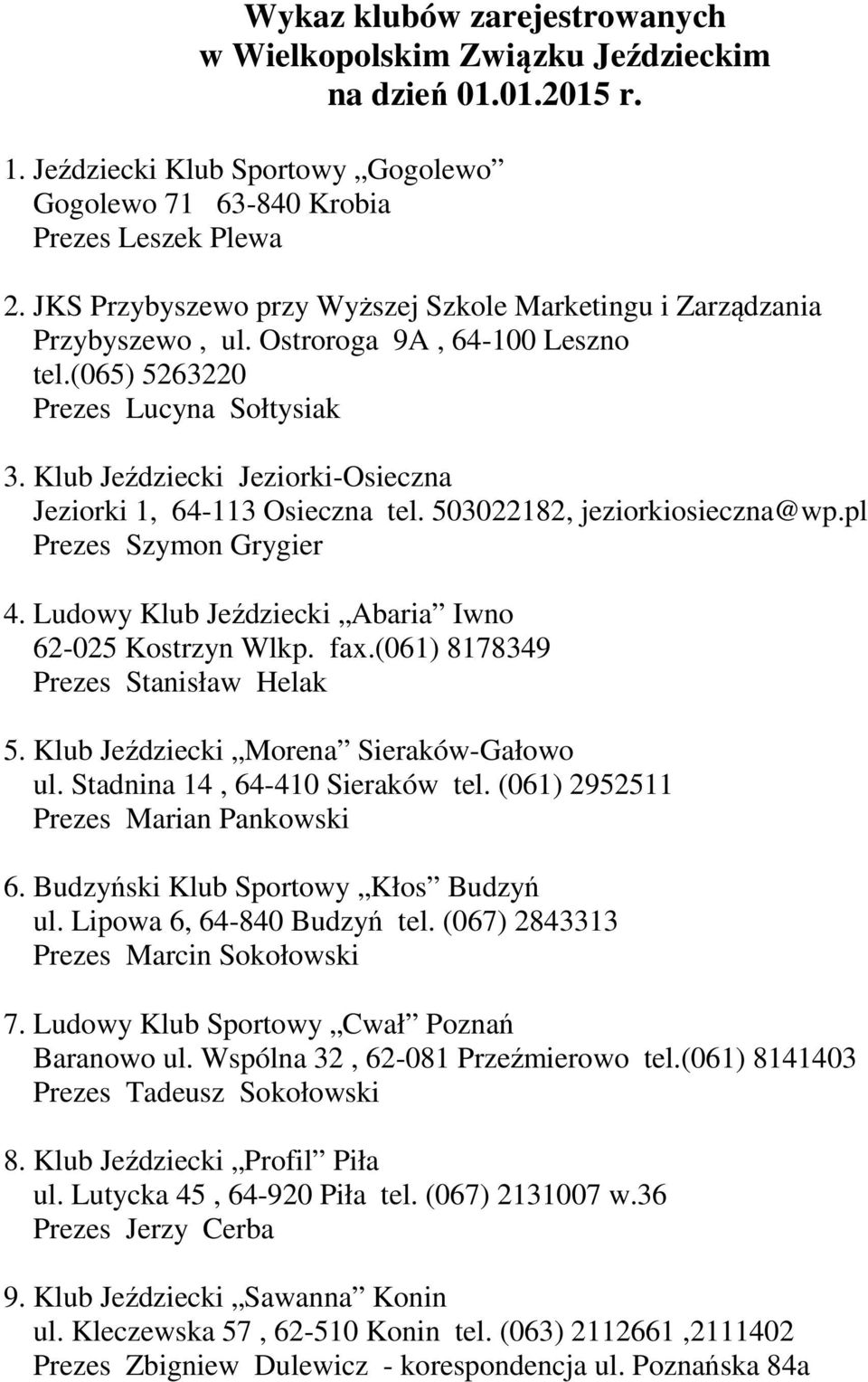 Klub Jeździecki Jeziorki-Osieczna Jeziorki 1, 64-113 Osieczna tel. 503022182, jeziorkiosieczna@wp.pl Prezes Szymon Grygier 4. Ludowy Klub Jeździecki Abaria Iwno 62-025 Kostrzyn Wlkp. fax.