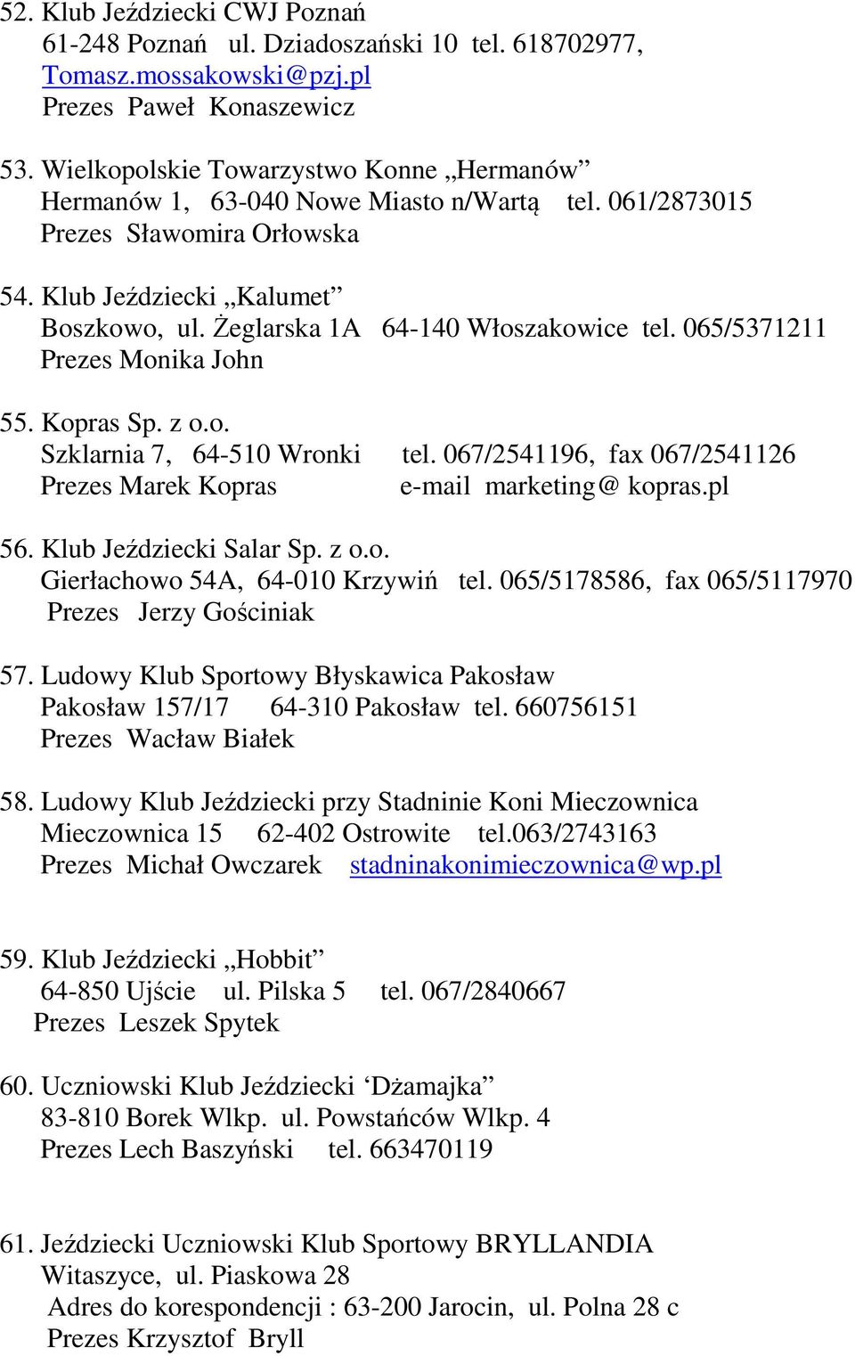 Żeglarska 1A 64-140 Włoszakowice tel. 065/5371211 Prezes Monika John 55. Kopras Sp. z o.o. Szklarnia 7, 64-510 Wronki tel. 067/2541196, fax 067/2541126 Prezes Marek Kopras e-mail marketing@ kopras.