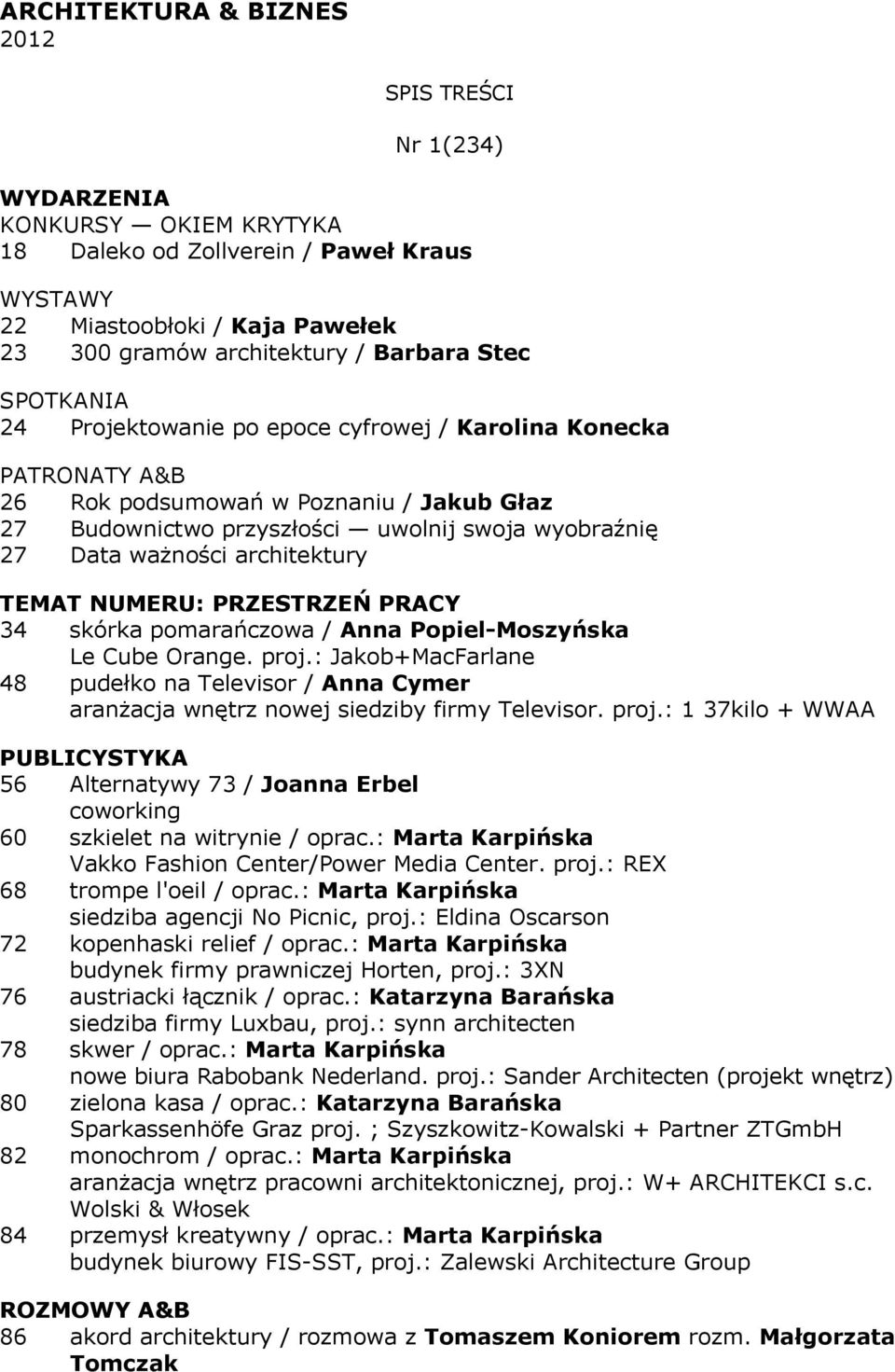 skórka pomarańczowa / Anna Popiel-Moszyńska Le Cube Orange. proj.: Jakob+MacFarlane 48 pudełko na Televisor / Anna Cymer aranżacja wnętrz nowej siedziby firmy Televisor. proj.: 1 37kilo + WWAA PUBLICYSTYKA 56 Alternatywy 73 / Joanna Erbel coworking 60 szkielet na witrynie / oprac.