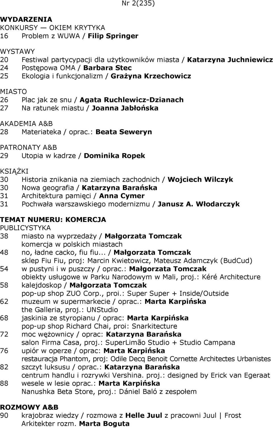 : Beata Seweryn 29 Utopia w kadrze / Dominika Ropek 30 Historia znikania na ziemiach zachodnich / Wojciech Wilczyk 30 Nowa geografia / Katarzyna Barańska 31 Architektura pamięci / Anna Cymer 31