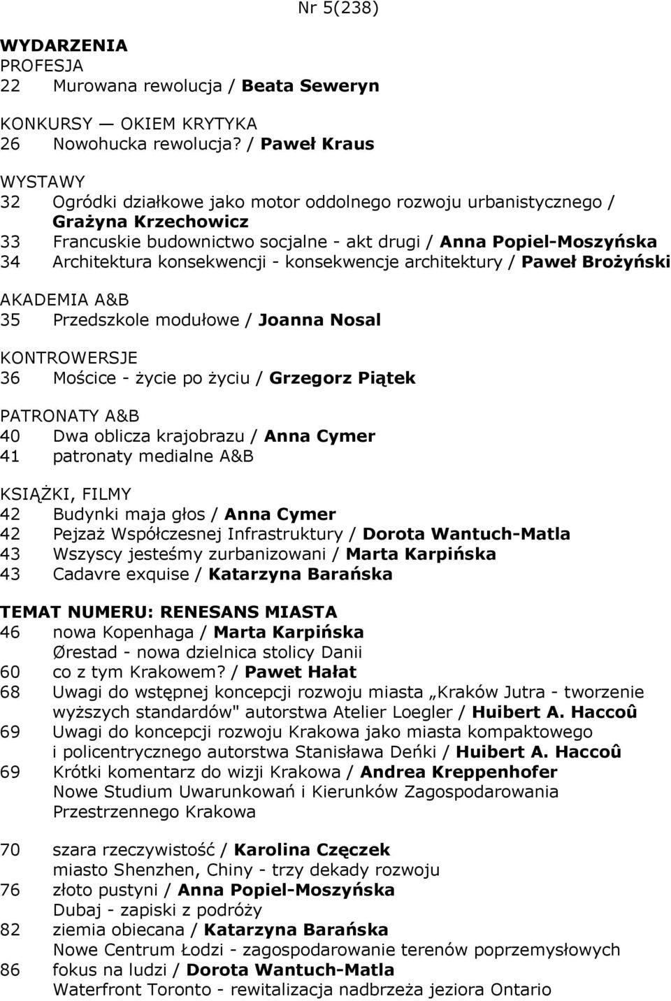 konsekwencji - konsekwencje architektury / Paweł Brożyński 35 Przedszkole modułowe / Joanna Nosal KONTROWERSJE 36 Mościce - życie po życiu / Grzegorz Piątek 40 Dwa oblicza krajobrazu / Anna Cymer 41