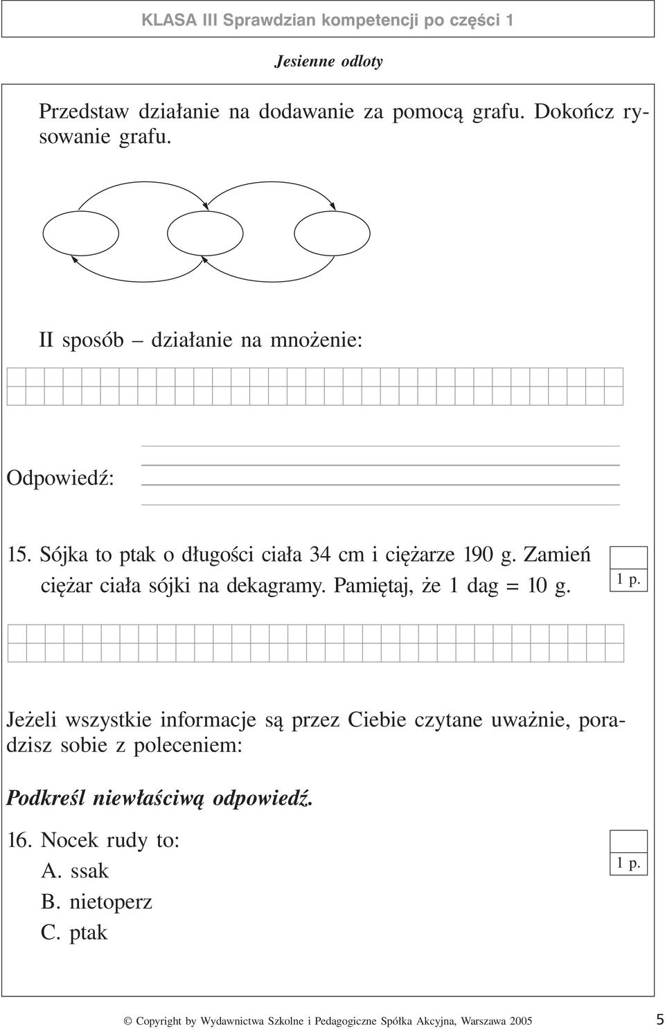 Sójka to ptak o długości ciała 34 cm i ciężarze 190 g. Zamień ciężar ciała sójki na dekagramy.