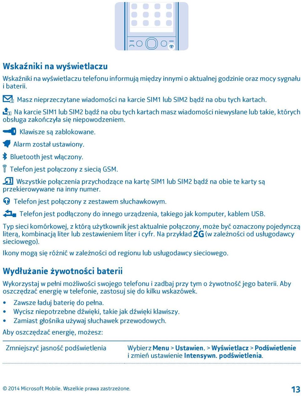 Na karcie SIM1 lub SIM2 bądź na obu tych kartach masz wiadomości niewysłane lub takie, których obsługa zakończyła się niepowodzeniem. Klawisze są zablokowane. Alarm został ustawiony.