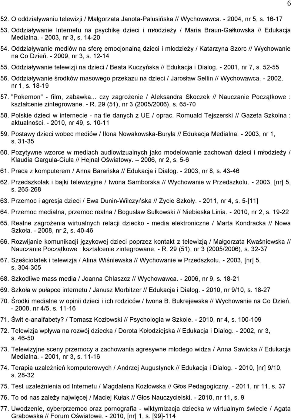 Oddziaływanie mediów na sferę emocjonalną dzieci i młodzieży / Katarzyna Szorc // Wychowanie na Co Dzień. - 2009, nr 3, s. 12-14 55.