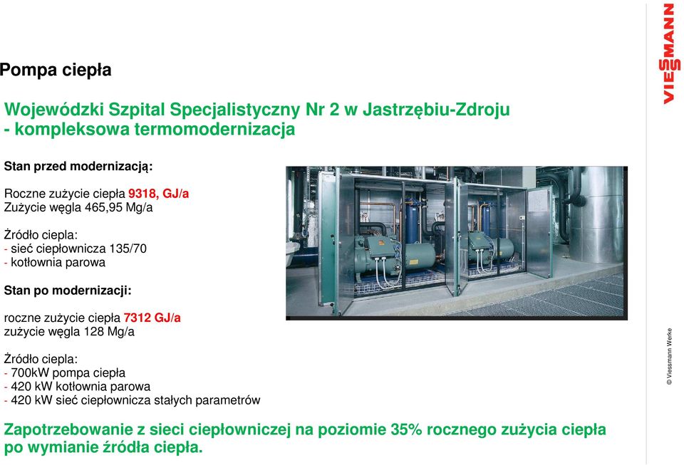 modernizacji: roczne zużycie ciepła 7312 GJ/a zużycie węgla 128 Mg/a Żródło ciepla: - 700kW pompa ciepła - 420 kw kotłownia parowa -