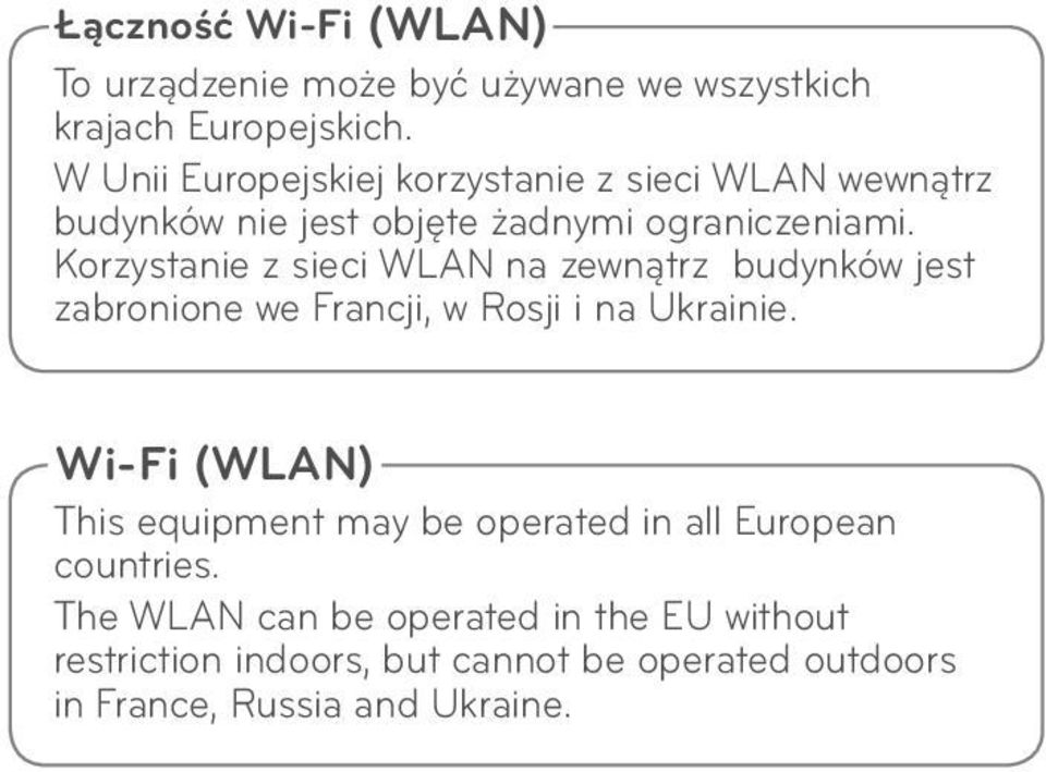 Korzystanie z sieci WLAN na zewnątrz budynków jest zabronione we Francji, w Rosji i na Ukrainie.