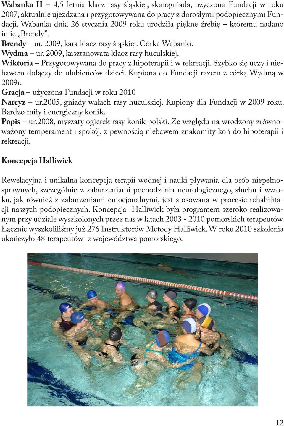 Wiktoria Przygotowywana do pracy z hipoterapii i w rekreacji. Szybko się uczy i niebawem dołączy do ulubieńców dzieci. Kupiona do Fundacji razem z córką Wydmą w 2009r.