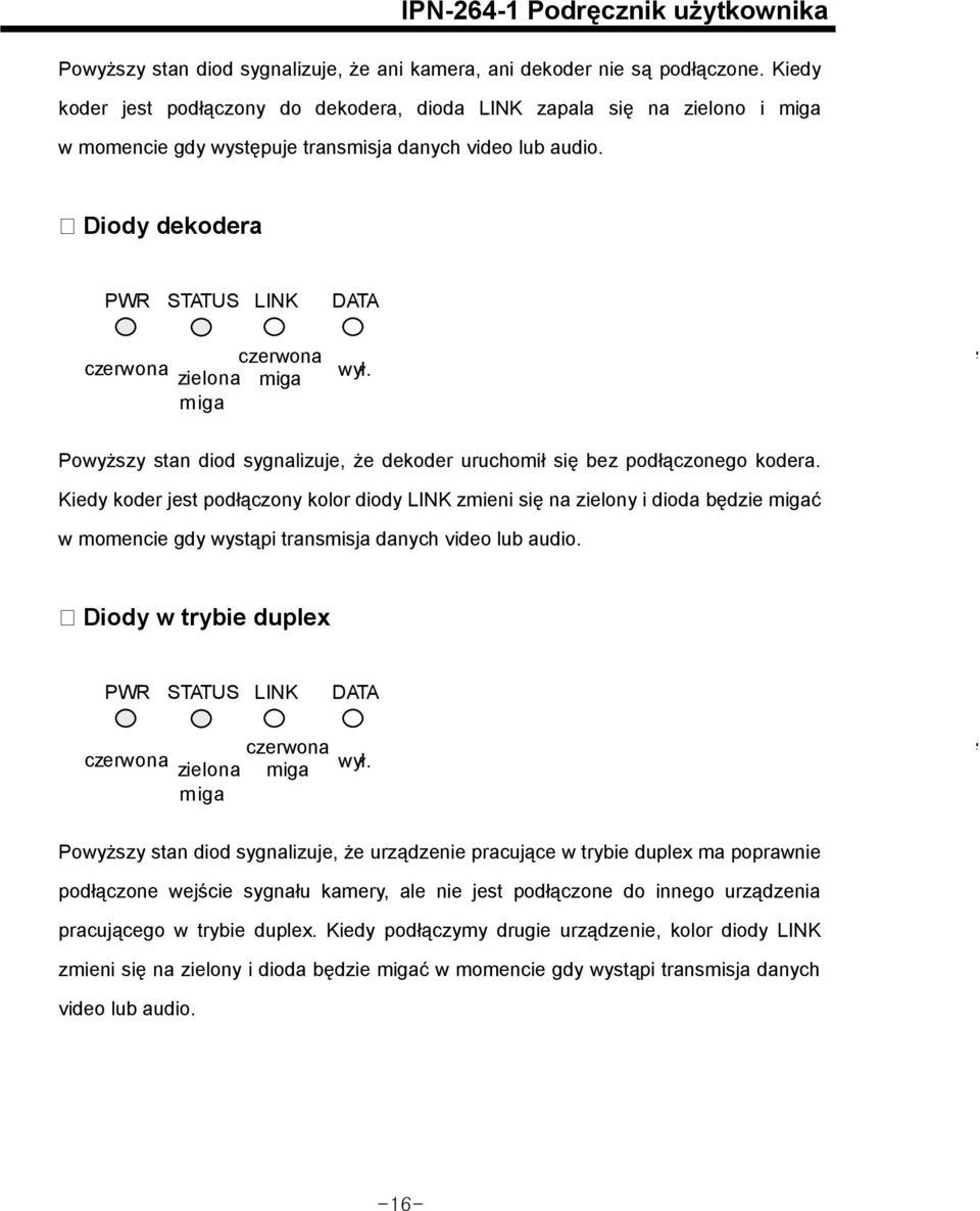 Diody dekodera PWR STATUS LINK DATA czerwona czerwona zielona wył. miga miga Powyższy stan diod sygnalizuje, że dekoder uruchomił się bez podłączonego kodera.