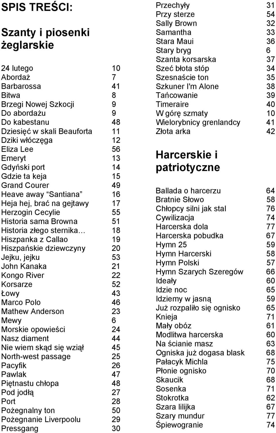 Callao 19 Hiszpańskie dziewczyny 20 Jejku, jejku 53 John Kanaka 21 Kongo River 22 Korsarze 52 Łowy 43 Marco Polo 46 Mathew Anderson 23 Mewy 6 Morskie opowieści 24 Nasz diament 44 Nie wiem skąd się