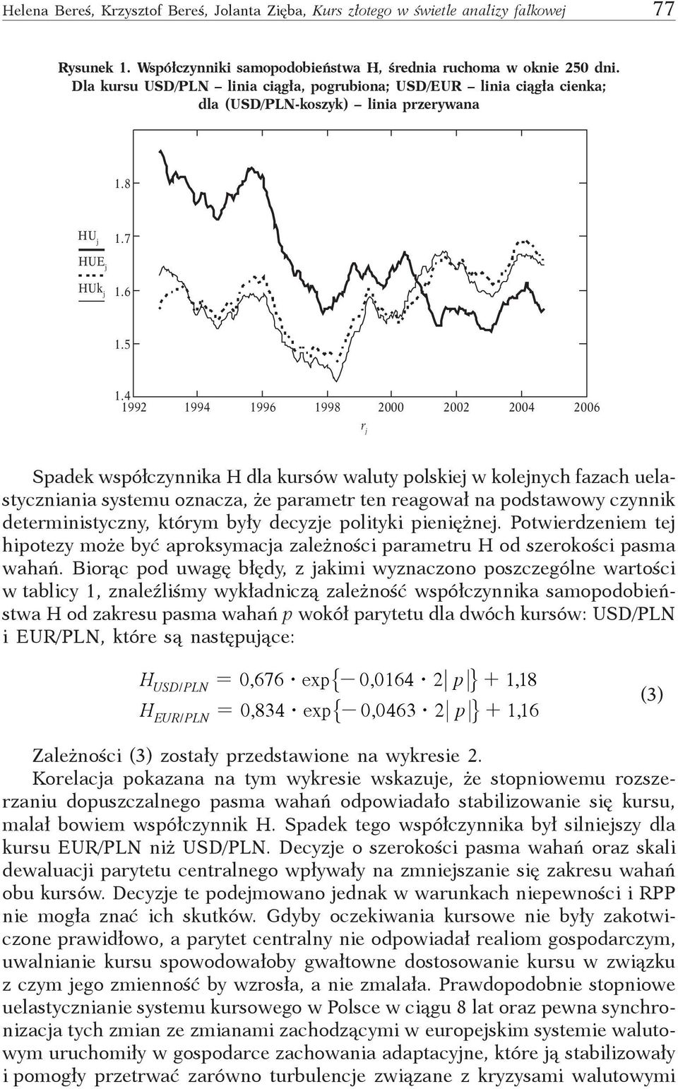 4 1992 1994 1996 1998 2000 r j 2002 2004 2006 Spadek współczynnika H dla kursów waluty polskiej w kolejnych fazach uelastyczniania systemu oznacza, że parametr ten reagował na podstawowy czynnik