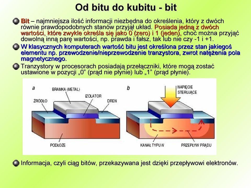 prawda i fałsz, tak lub nie czy -1 i +1. W klasycznych komputerach wartość bitu jest określona przez stan jakiegoś elementu np.