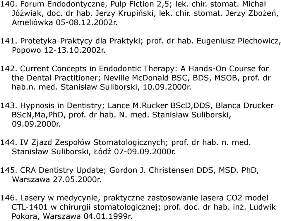 Current Concepts in Endodontic Therapy: A Hands-On Course for the Dental Practitioner; Neville McDonald BSC, BDS, MSOB, prof. dr hab.n. med. Stanisław Suliborski, 10.09.2000r. 143.