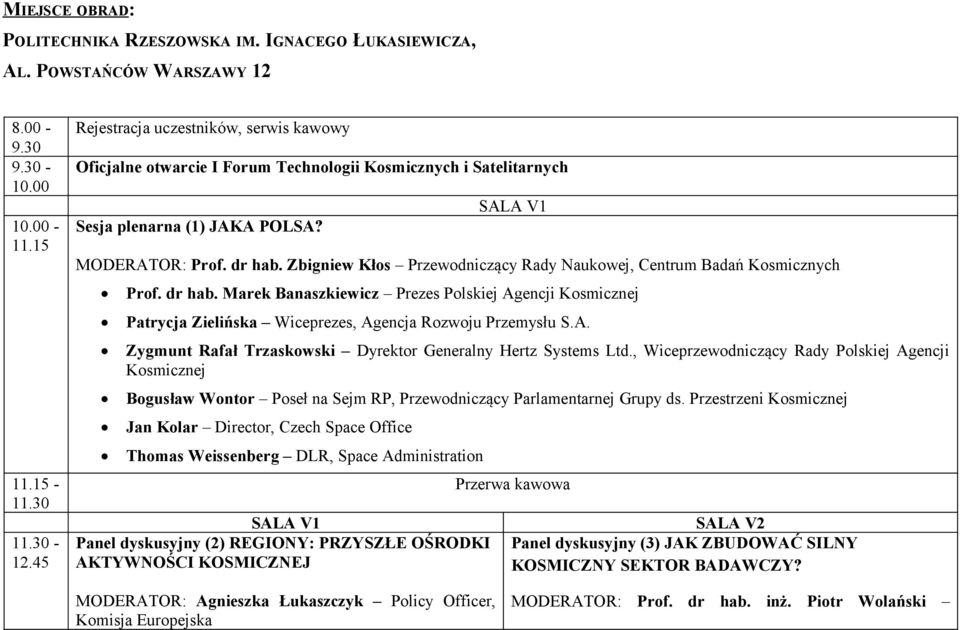 Zbigniew Kłos Przewodniczący Rady Naukowej, Centrum Badań Kosmicznych Prof. dr hab. Marek Banaszkiewicz Prezes Polskiej Agencji Kosmicznej Patrycja Zielińska Wiceprezes, Agencja Rozwoju Przemysłu S.A. Zygmunt Rafał Trzaskowski Dyrektor Generalny Hertz Systems Ltd.