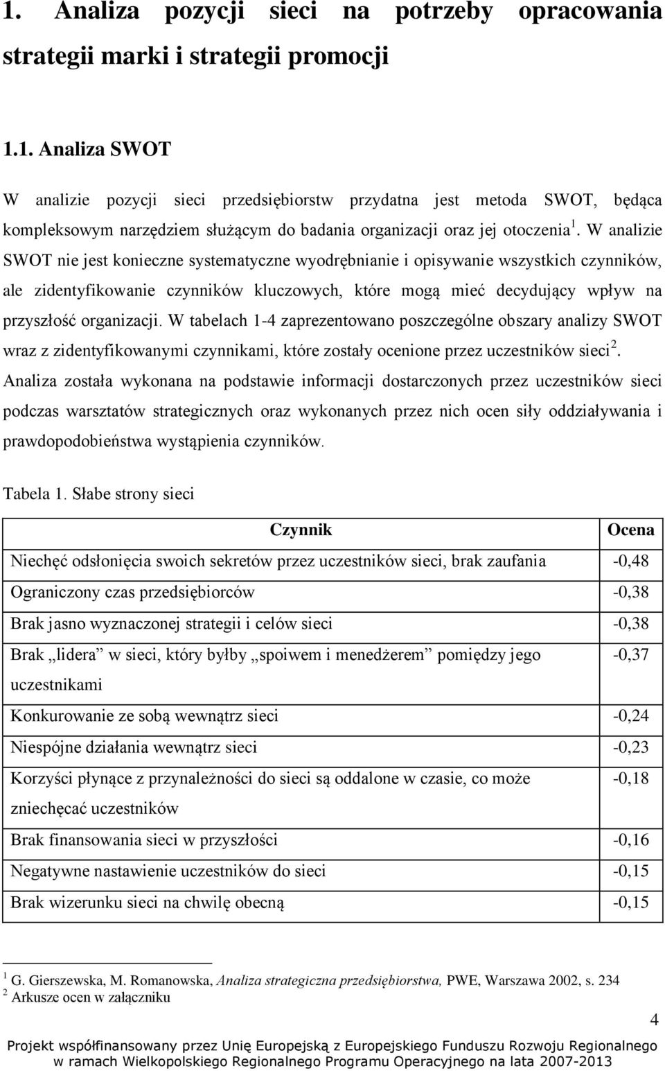 W tabelach 1-4 zaprezentowano poszczególne obszary analizy SWOT wraz z zidentyfikowanymi czynnikami, które zostały ocenione przez uczestników sieci 2.