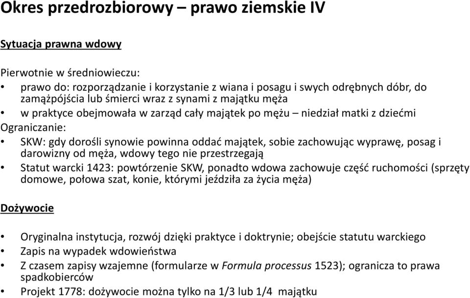 i darowizny od męża, wdowy tego nie przestrzegają Statut warcki 1423: powtórzenie SKW, ponadto wdowa zachowuje część ruchomości (sprzęty domowe, połowa szat, konie, którymi jeździła za życia męża)