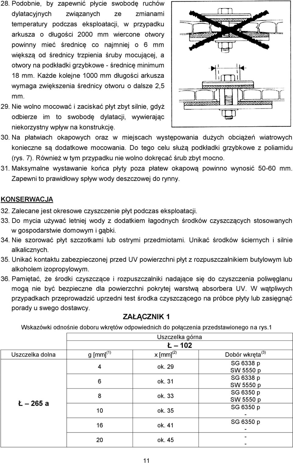 Każde kolejne 1000 mm długości arkusza wymaga zwiększenia średnicy otworu o dalsze 2,5 mm. 29.