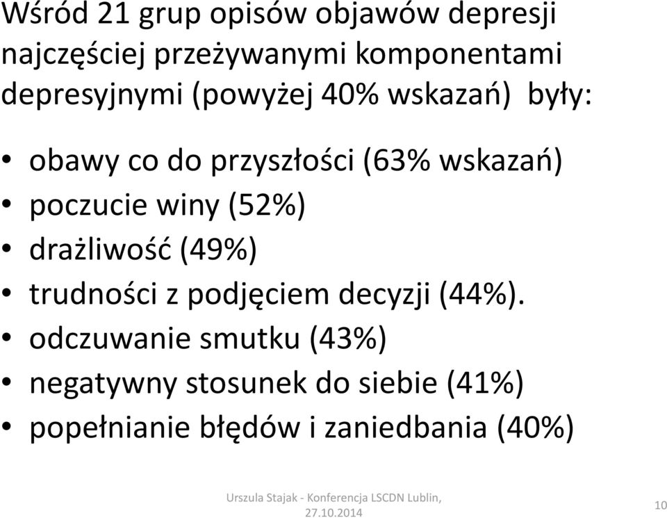 poczucie winy (52%) drażliwość (49%) trudności z podjęciem decyzji (44%).