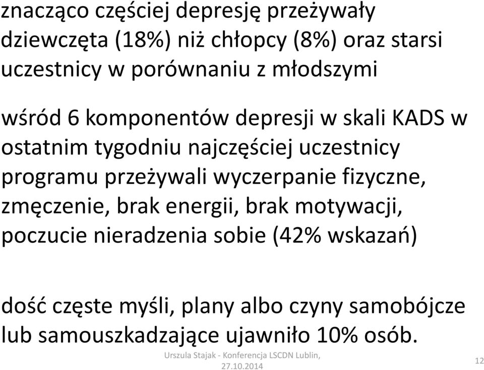 uczestnicy programu przeżywali wyczerpanie fizyczne, zmęczenie, brak energii, brak motywacji, poczucie