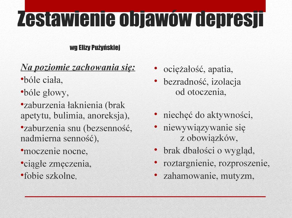 moczenie nocne, ciągłe zmęczenia, fobie szkolne, ociężałość, apatia, bezradność, izolacja od otoczenia,