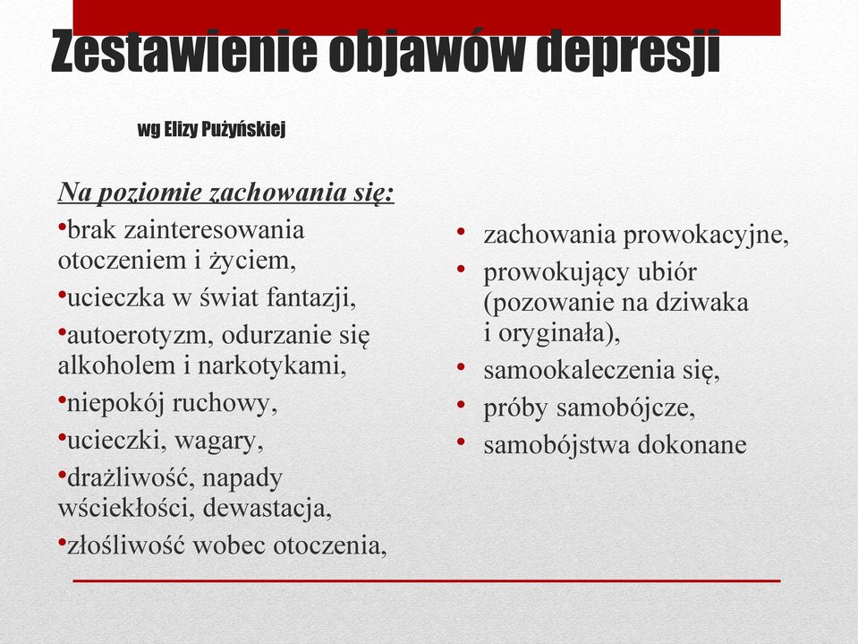 ucieczki, wagary, drażliwość, napady wściekłości, dewastacja, złośliwość wobec otoczenia, zachowania