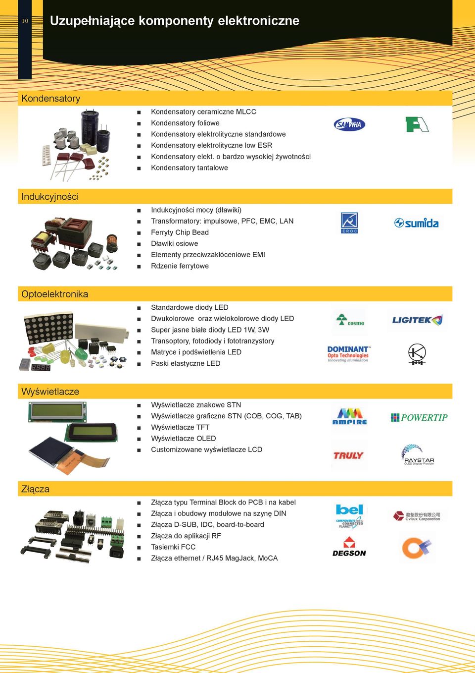o bardzo wysokiej żywotności Kondensatory tantalowe Indukcyjności Indukcyjności mocy (dławiki) Transformatory: impulsowe, PFC, EMC, LAN Ferryty Chip Bead Dławiki osiowe Elementy przeciwzakłóceniowe