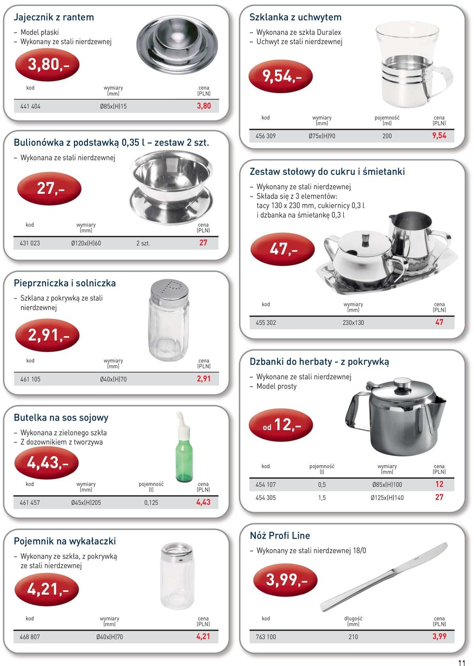 nierdzewnej Składa się z 3 elementów: tacy 130 x 230 mm, cukiernicy 0,3 l i dzbanka na śmietankę 0,3 l 47, Pieprzniczka i solniczka Szklana z pokrywką ze stali nierdzewnej 2,91, 461 105 Ø40x(H)70