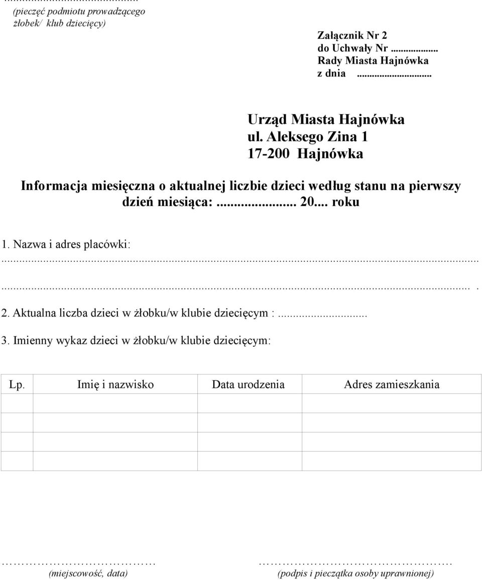 .. roku 1. Nazwa i adres placówki:....... 2. Aktualna liczba dzieci w żłobku/w klubie dziecięcym :... 3.