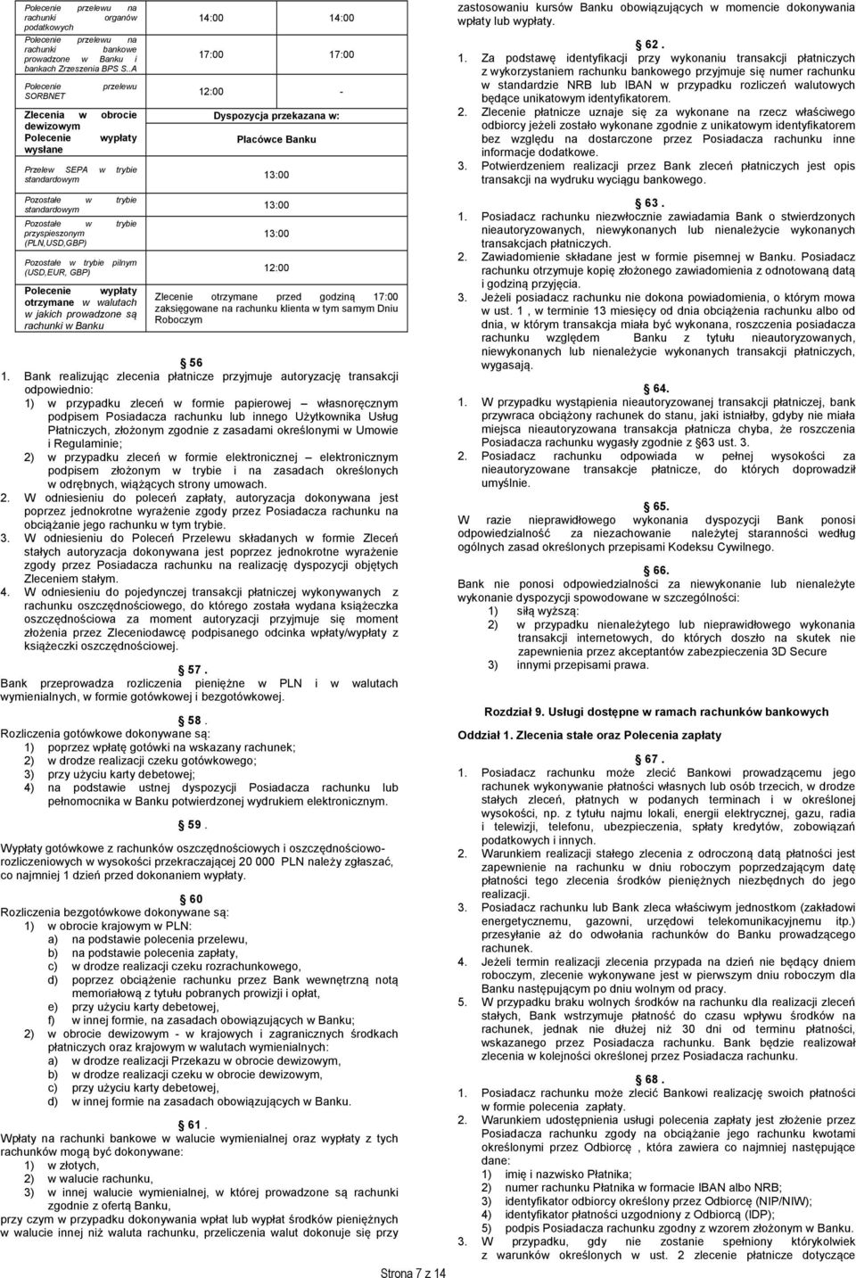 Pozostałe w trybie standardowym 13:00 Pozostałe w trybie przyspieszonym (PLN,USD,GBP) Pozostałe w trybie pilnym (USD,EUR, GBP) Polecenie wypłaty otrzymane w walutach w jakich prowadzone są rachunki w