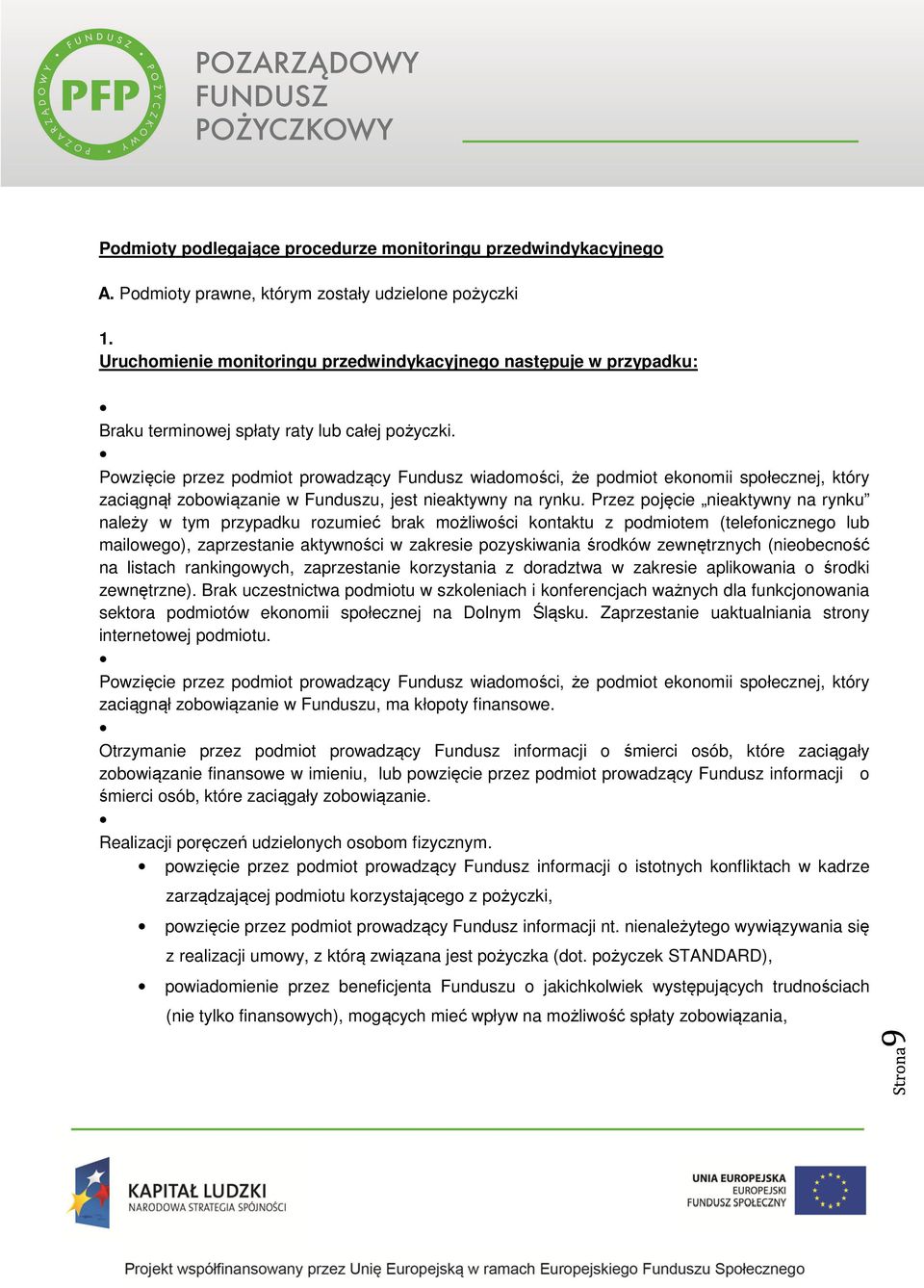 Powzięcie przez podmiot prowadzący Fundusz wiadomości, że podmiot ekonomii społecznej, który zaciągnął zobowiązanie w Funduszu, jest nieaktywny na rynku.