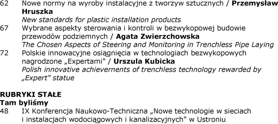 innowacyjne osiągnięcia w technologiach bezwykopowych nagrodzone Expertami" / Urszula Kubicka Polish innovative achievernents of trenchless technology rewarded