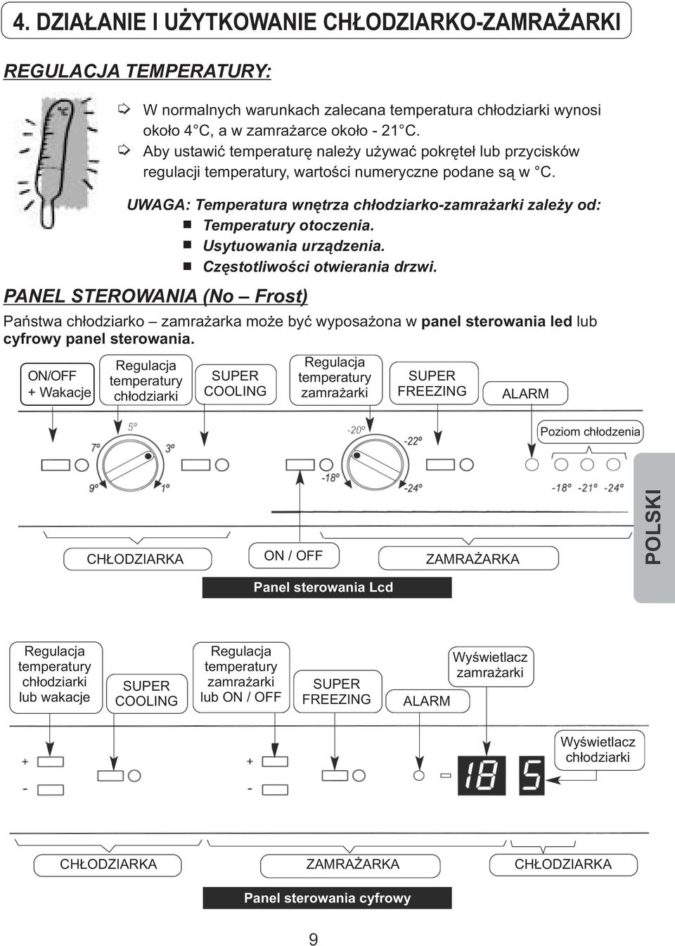 UWAGA: Temperatura wnętrza chłodziarko-zamrażarki zależy od: Temperatury otoczenia. Usytuowania urządzenia. Częstotliwości otwierania drzwi.