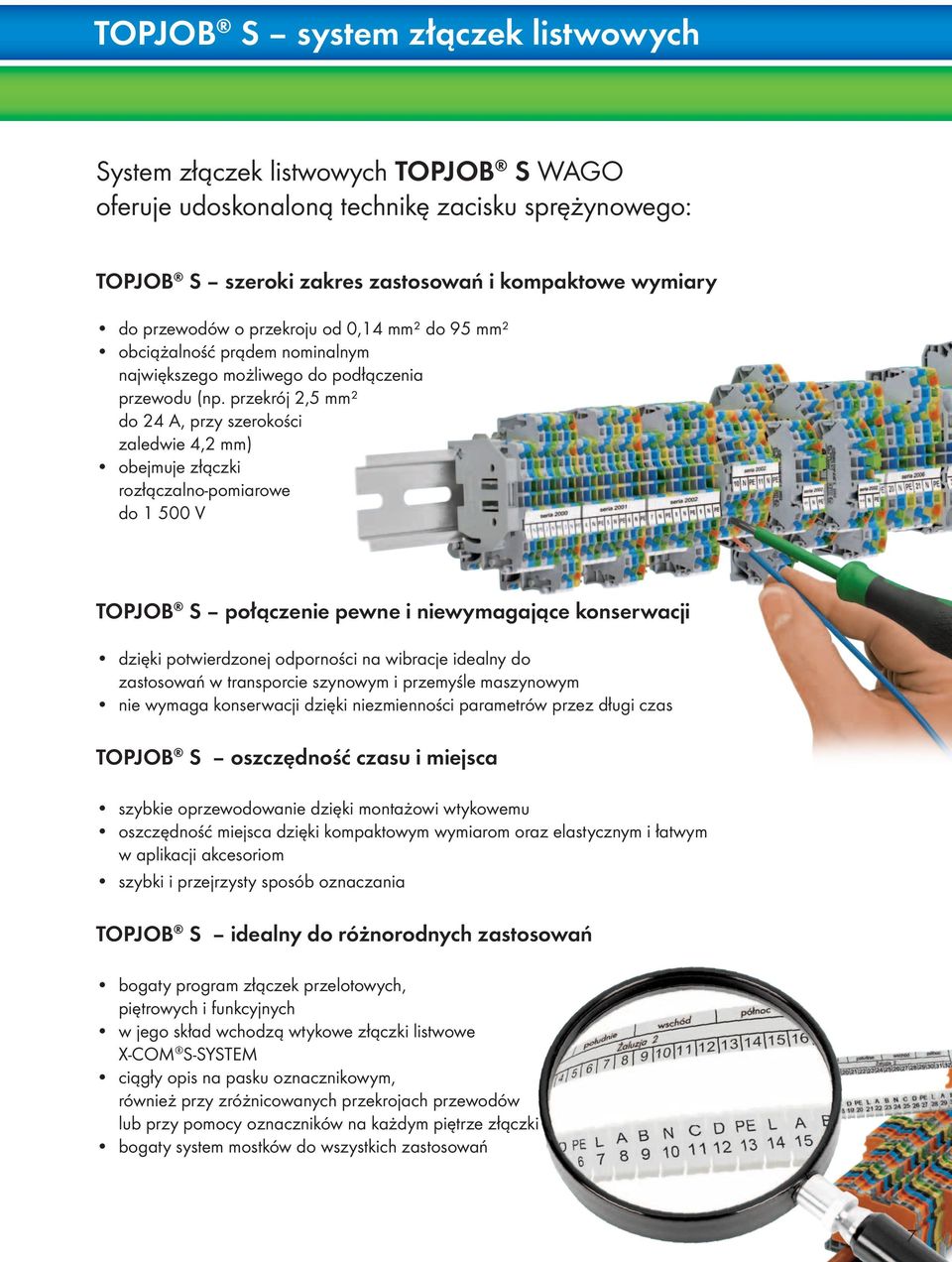 przekrój 2,5 mm² do 24 A, przy szerokości zaledwie 4,2 mm) obejmuje złączki rozłączalno-pomiarowe do 1 500 V TOPJOB S połączenie pewne i niewymagające konserwacji dzięki potwierdzonej odporności na