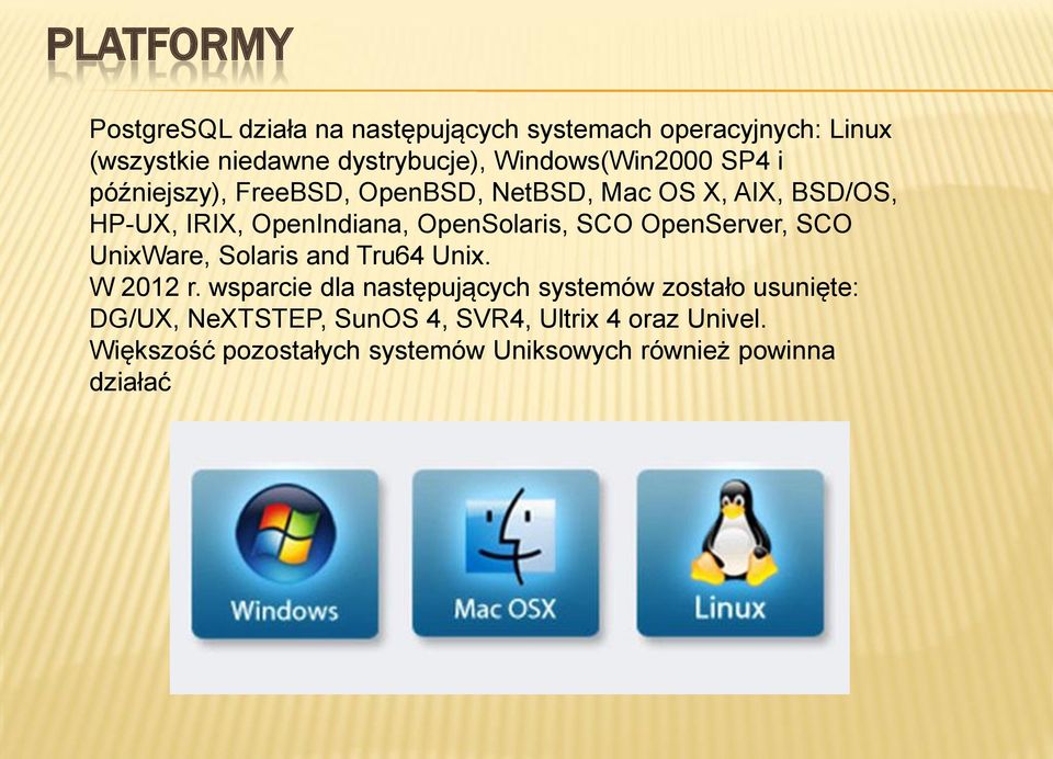 OpenSolaris, SCO OpenServer, SCO UnixWare, Solaris and Tru64 Unix. W 2012 r.