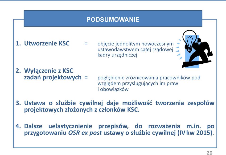 obowiązków 3. Ustawa o służbie cywilnej daje możliwość tworzenia zespołów projektowych złożonych z członków KSC. 4.