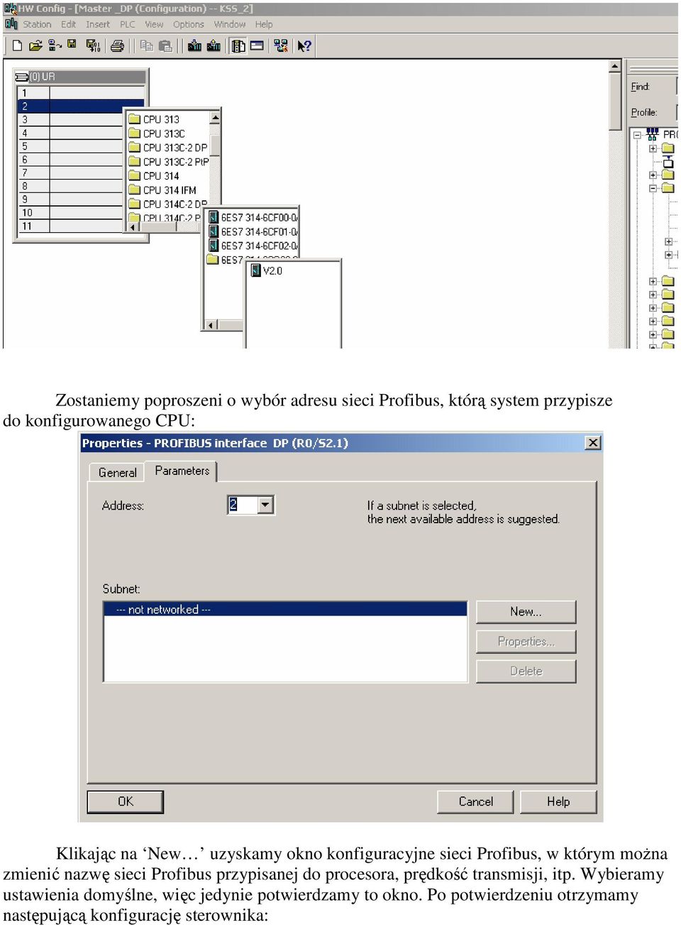 sieci Profibus przypisanej do procesora, prędkość transmisji, itp.