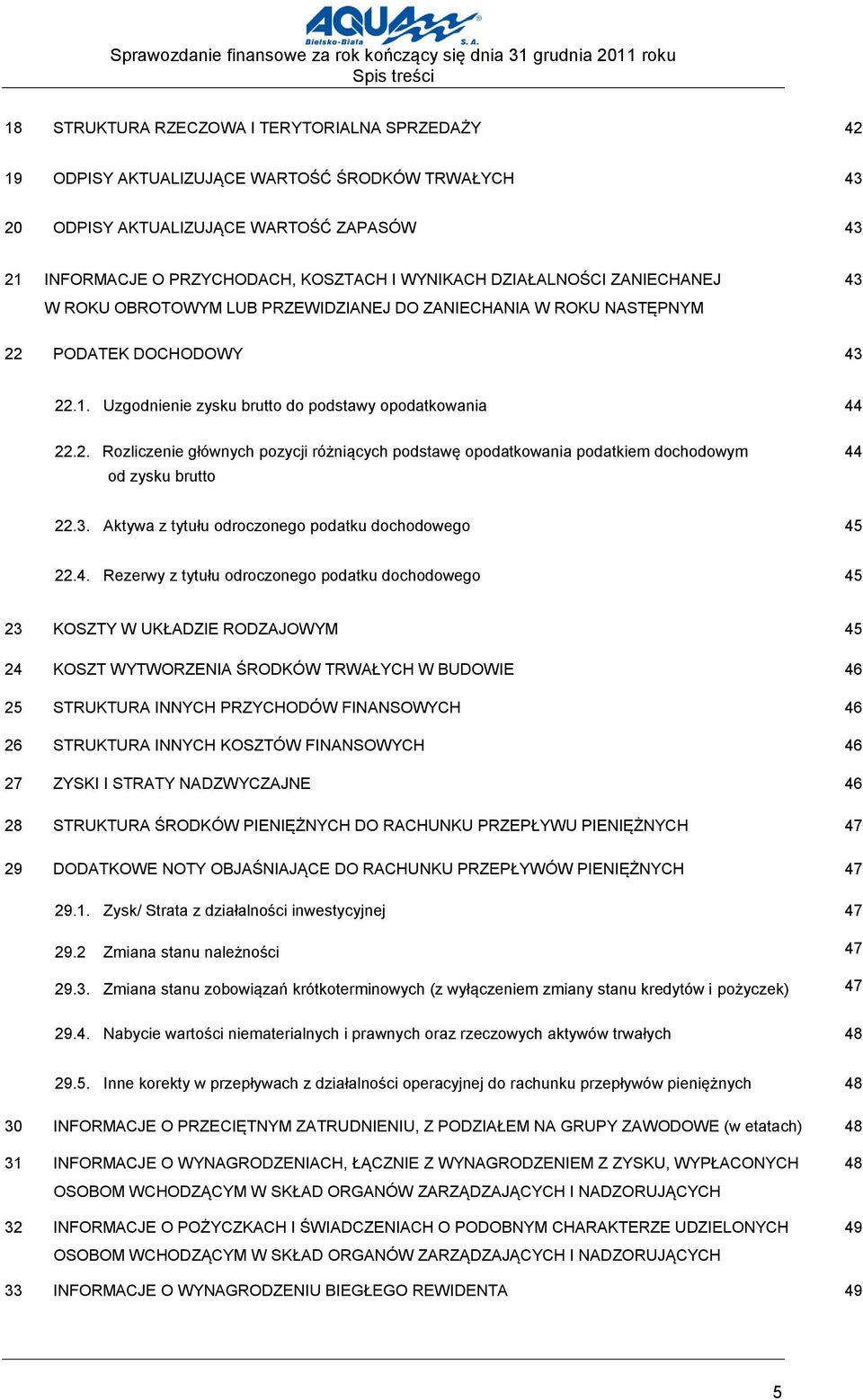 43 22.1. Uzgodnienie zysku brutto do podstawy opodatkowania 44 22.2. Rozliczenie głównych pozycji różniących podstawę opodatkowania podatkiem dochodowym od zysku brutto 44 22.3. Aktywa z tytułu odroczonego podatku dochodowego 45 22.