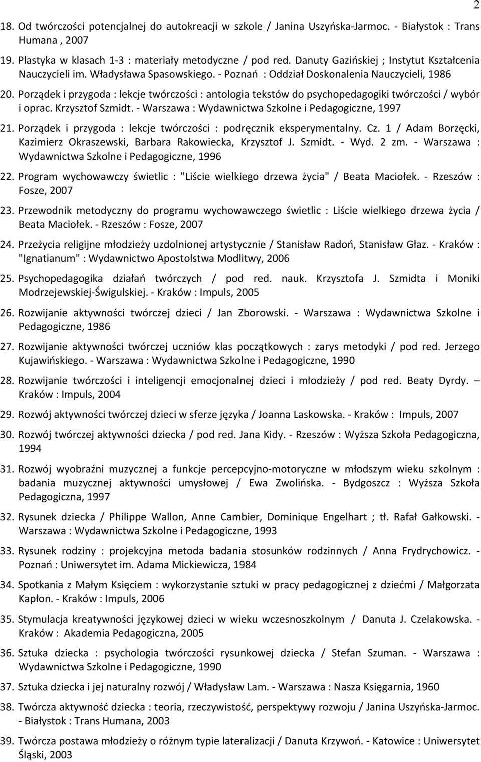 Porządek i przygoda : lekcje twórczości : antologia tekstów do psychopedagogiki twórczości / wybór i oprac. Krzysztof Szmidt. - Warszawa : Wydawnictwa Szkolne i Pedagogiczne, 1997 21.