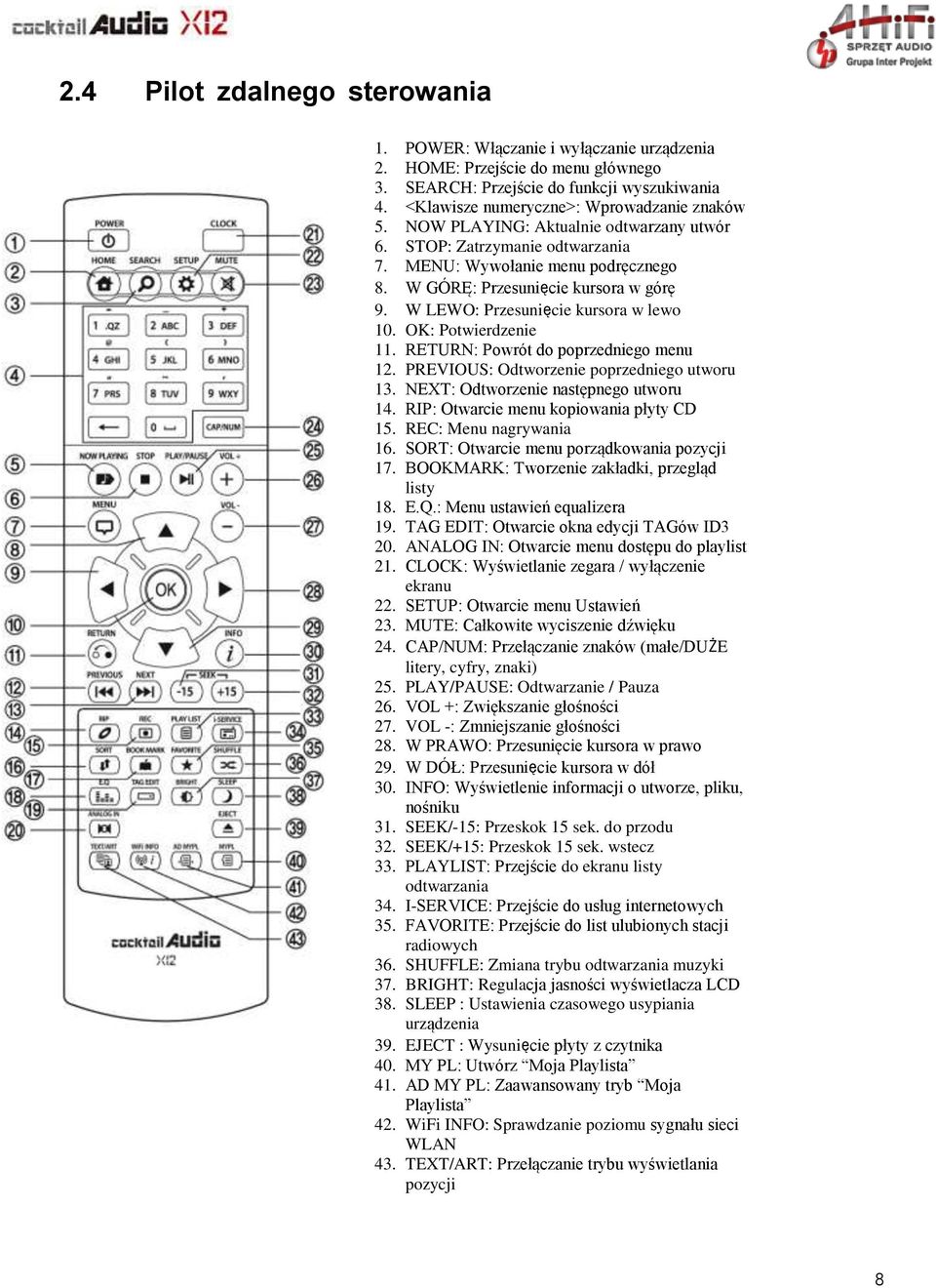 W LEWO: Przesunięcie kursora w lewo 10. OK: Potwierdzenie 11. RETURN: Powrót do poprzedniego menu 12. PREVIOUS: Odtworzenie poprzedniego utworu 13. NEXT: Odtworzenie następnego utworu 14.