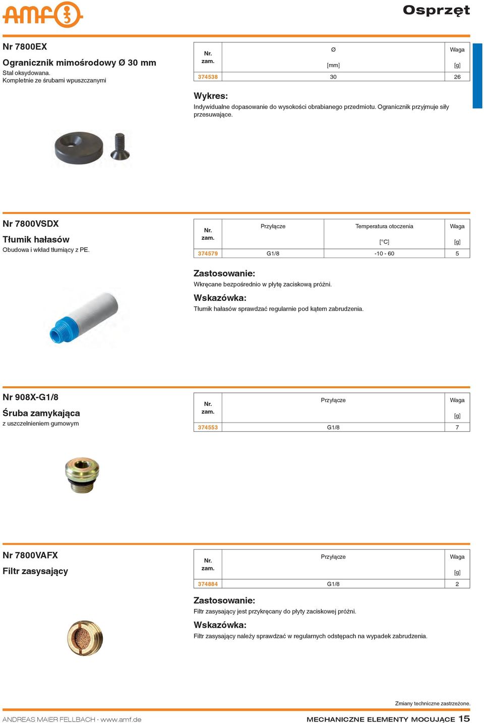 Przyłącze Temperatura otoczenia 374579 G1/8-10 - 60 5 [ C] Wkręcane bezpośrednio w płytę zaciskową próżni. Wskazówka: Tłumik hałasów sprawdzać regularnie pod kątem zabrudzenia.