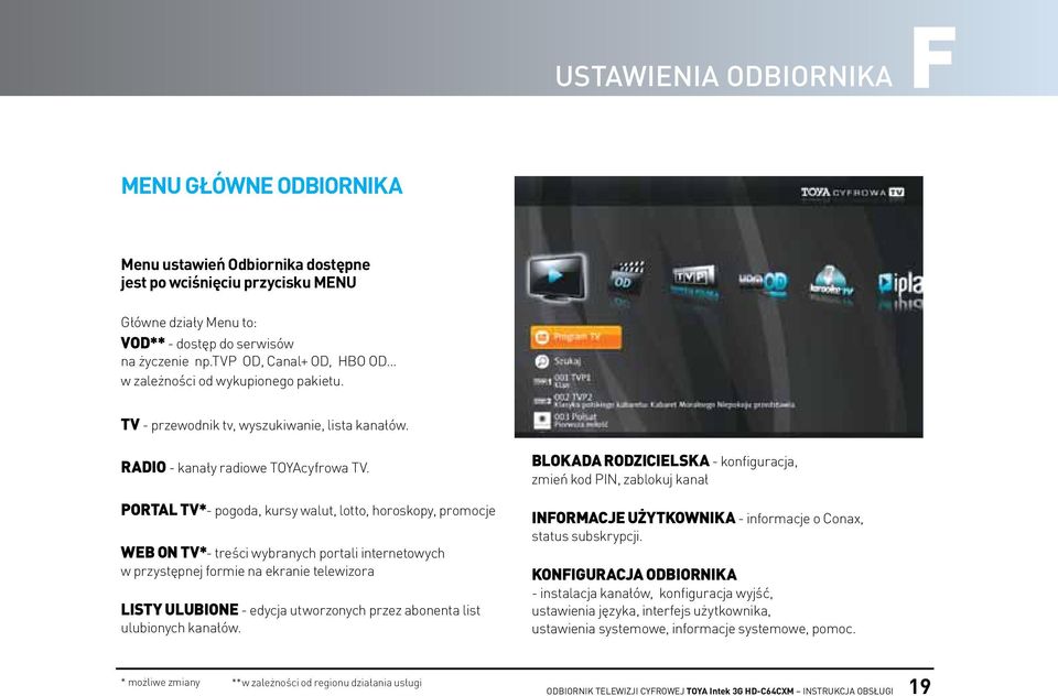 PORTAL TV*- pogoda, kursy walut, lotto, horoskopy, promocje WEB ON TV*- treści wybranych portali internetowych w przystępnej formie na ekranie telewizora LISTY ULUBIONE - edycja utworzonych przez