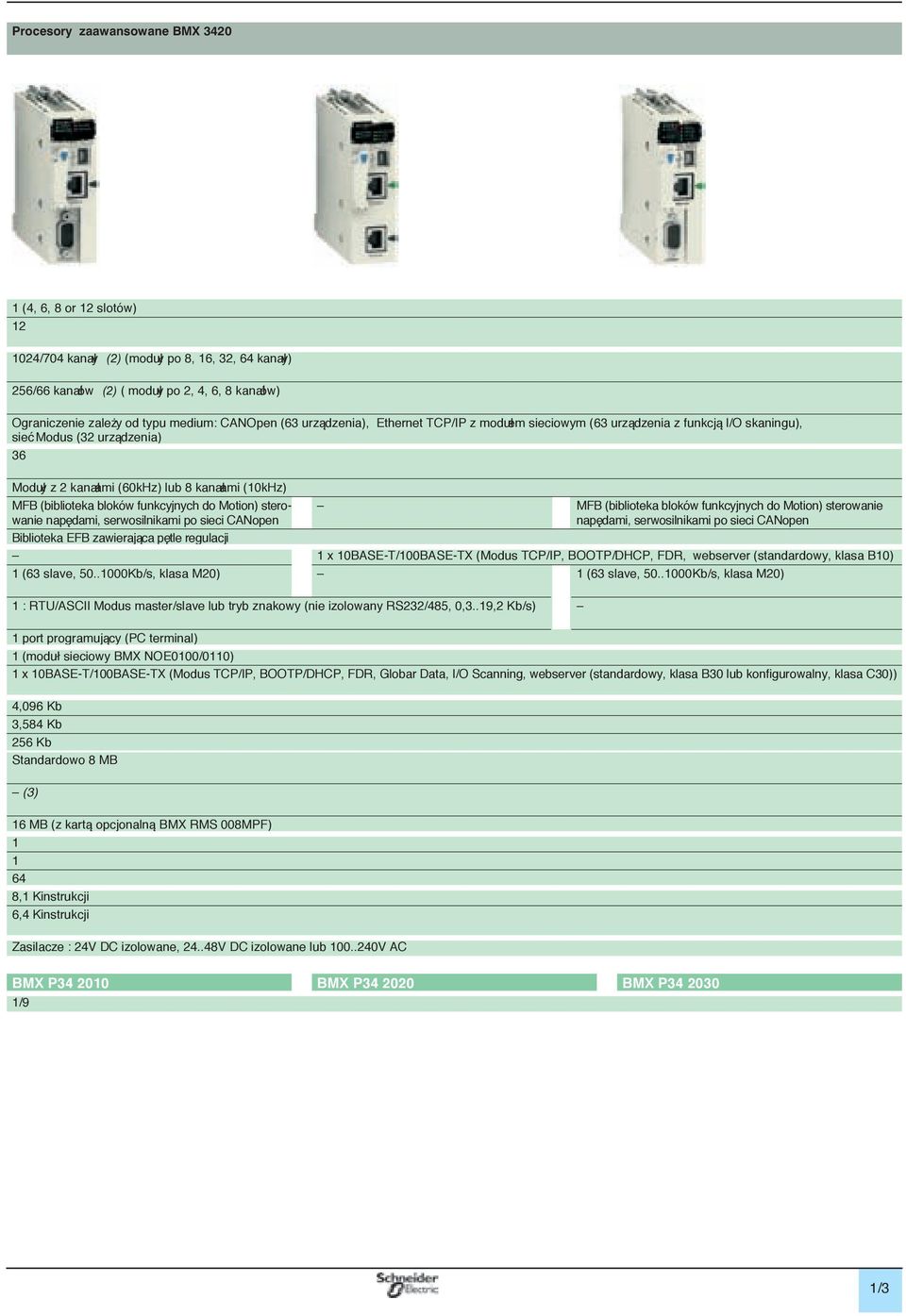 sterowanie napędami, serwosilnikami po sieci CANopen Biblioteka EFB zawierająca pętle regulacji 1 x 10BASE-T/100BASE-TX (Modus TCP/IP, BOOTP/DHCP, FDR, webserver (standardowy, klasa B10) 1 (63 slave,