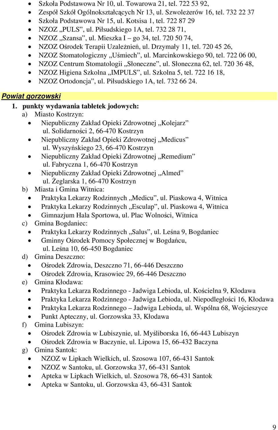 720 45 26, NZOZ Stomatologiczny Uśmiech, ul. Marcinkowskiego 90, tel. 722 06 00, NZOZ Centrum Stomatologii Słoneczne, ul. Słoneczna 62, tel. 720 36 48, NZOZ Higiena Szkolna IMPULS, ul. Szkolna 5, tel.