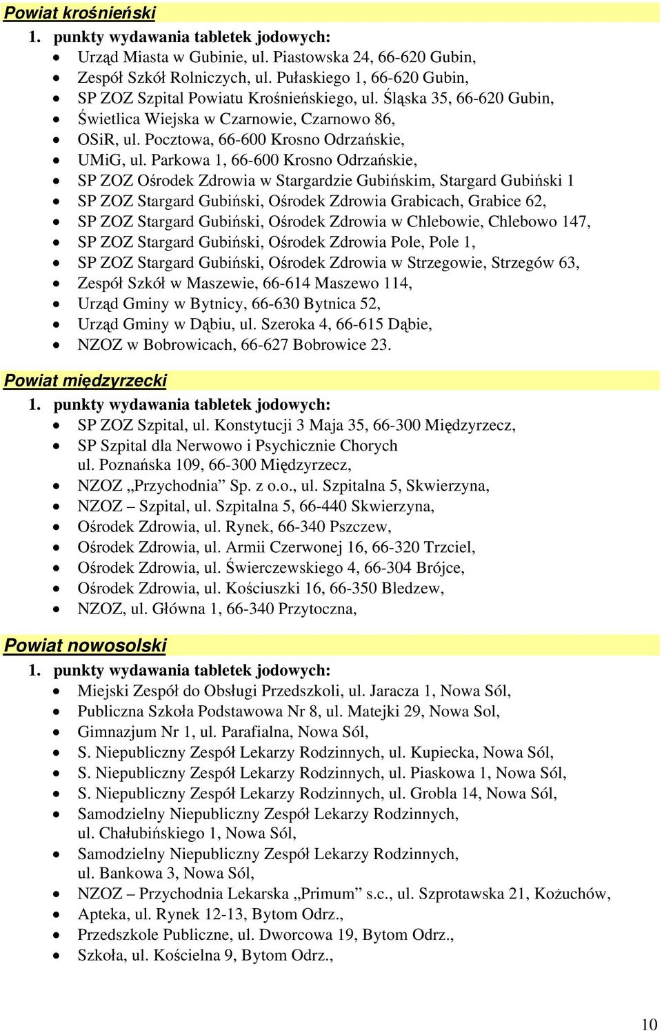 Parkowa 1, 66-600 Krosno Odrzańskie, SP ZOZ Ośrodek Zdrowia w Stargardzie Gubińskim, Stargard Gubiński 1 SP ZOZ Stargard Gubiński, Ośrodek Zdrowia Grabicach, Grabice 62, SP ZOZ Stargard Gubiński,