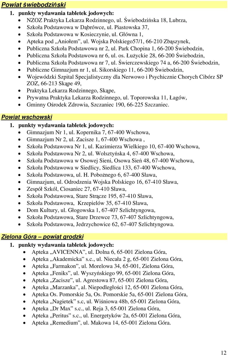 Łużyckie 28, 66-200 Świebodzin, Publiczna Szkoła Podstawowa nr 7, ul. Świerczewskiego 74 a, 66-200 Świebodzin, Publiczne Gimnazjum nr 1, ul.