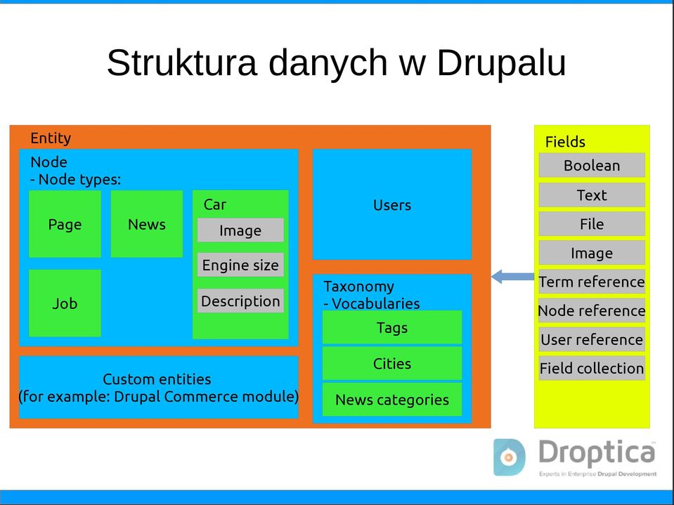 Vocabularies Tags Custom entities (for example: Drupal Commerce module) Text