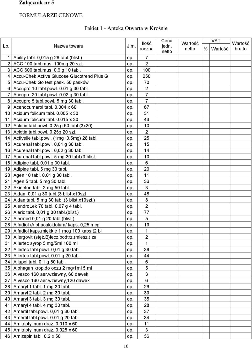op. 7 8 Accupro 5 tabl.powl. 5 mg 30 tabl. op. 7 9 Acenocumarol tabl. 0.004 x 60 op. 67 10 Acidum folicum tabl. 0.005 x 30 op. 31 11 Acidum folicum tabl. 0.015 x 30 op. 46 12 Aclotin tabl.powl. 0,25 g 60 tabl.