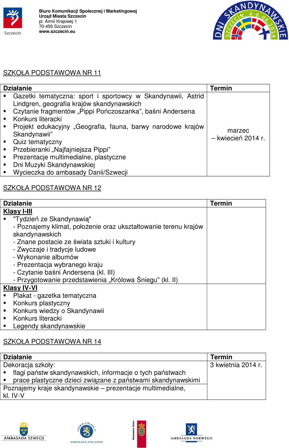 ambasady Danii/Szwecji marzec kwiecień 2014 r.