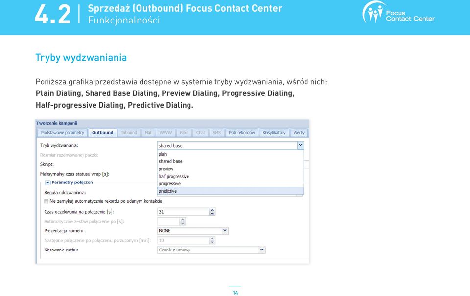 wydzwaniania, wśród nich: Plain Dialing, Shared Base Dialing, Preview